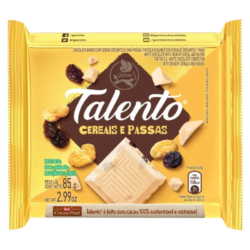 CHOCOLATE TABLETE TALENTO CHOCOLATE BRANCO CEREAIS 85G