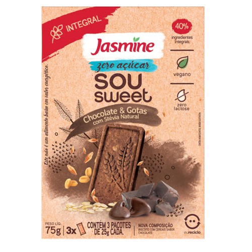 BISCOITO VEGANO SOU SWEET SWEET ZERO CHOCOLATE & GOTAS JASMINE 75G