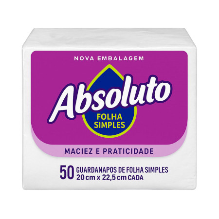 GUARDANAPO DE PAPEL ABSOLUTO FOLHA SIMPLES 22,5 X 20 50 FOLHAS